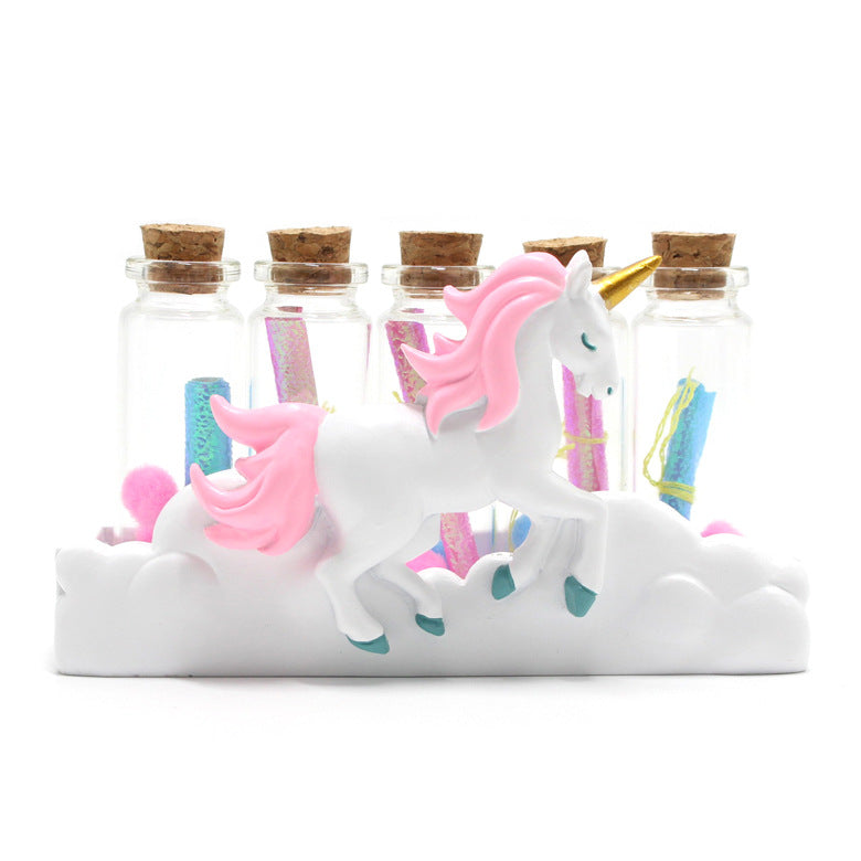 Lovely resin white unicorn glass wishing bottle home decoration flash gift box student gift manufacturers wholesale