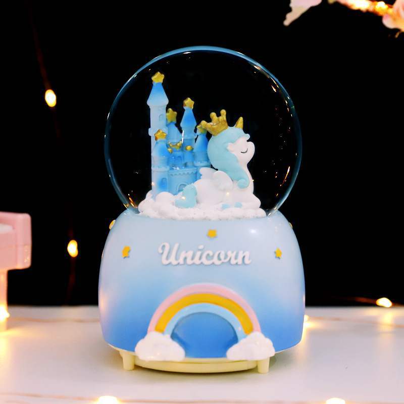 Unicorn music box water globe snow globe castle