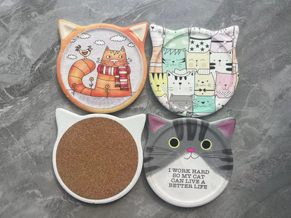 Wholesale design of cat shaped ceramic coasters with cork on the bottom of the insulation pad