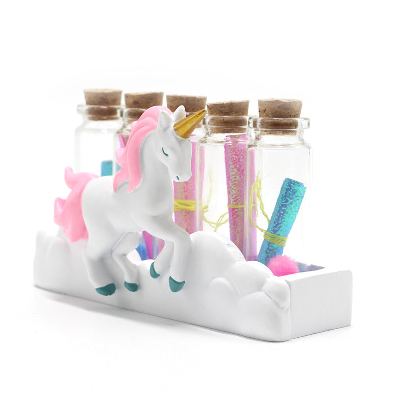 Lovely resin white unicorn glass wishing bottle home decoration flash gift box student gift manufacturers wholesale