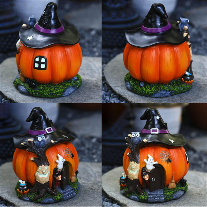 New Pumpkin House Decorations Village Resin Crafts Garden Glow decoration Halloween Witch pumpkin statue