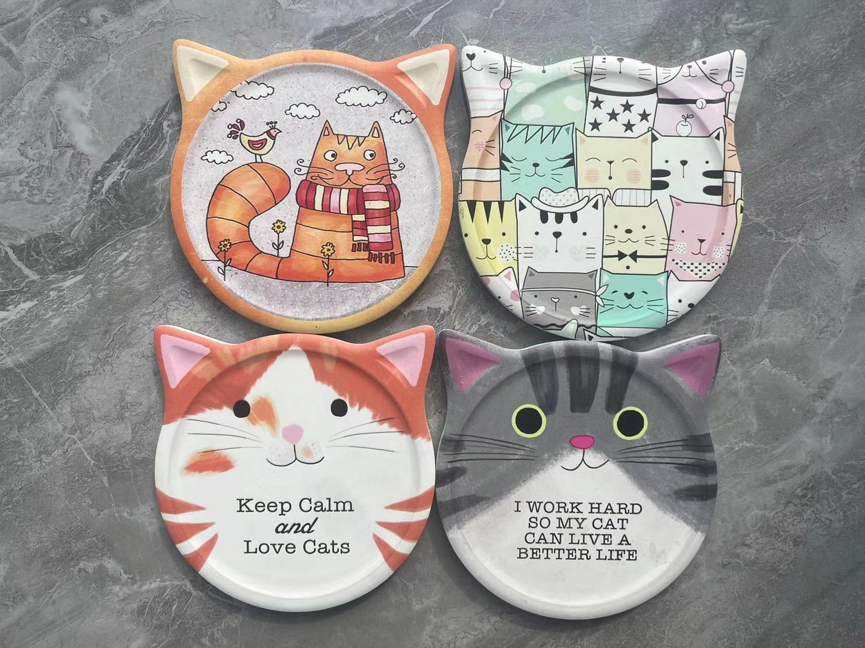 Wholesale design of cat shaped ceramic coasters with cork on the bottom of the insulation pad